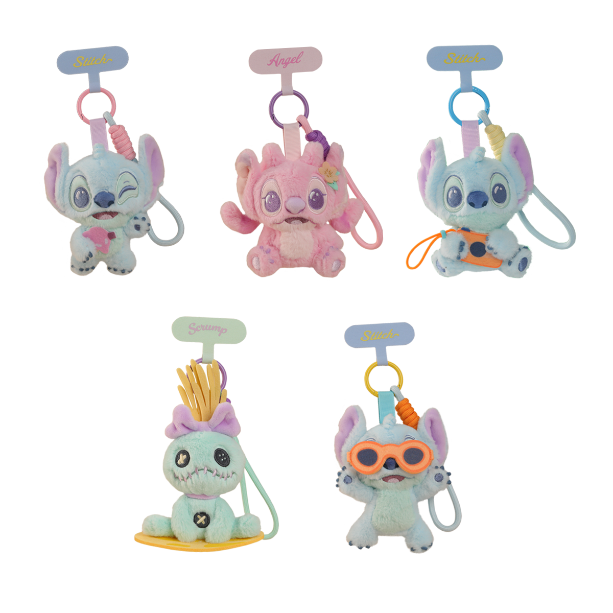 Complete lineup of five Stitch, Angel, and Scrump Aloha Hawaii plush phone straps