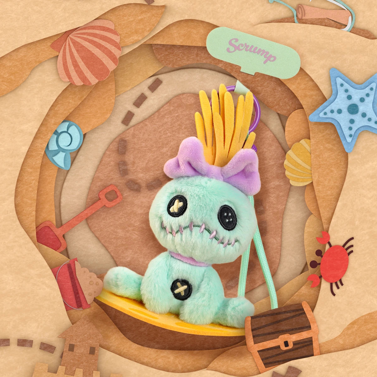 Scrump plush phone strap with a surfboard and yellow crest on an illustrated beach