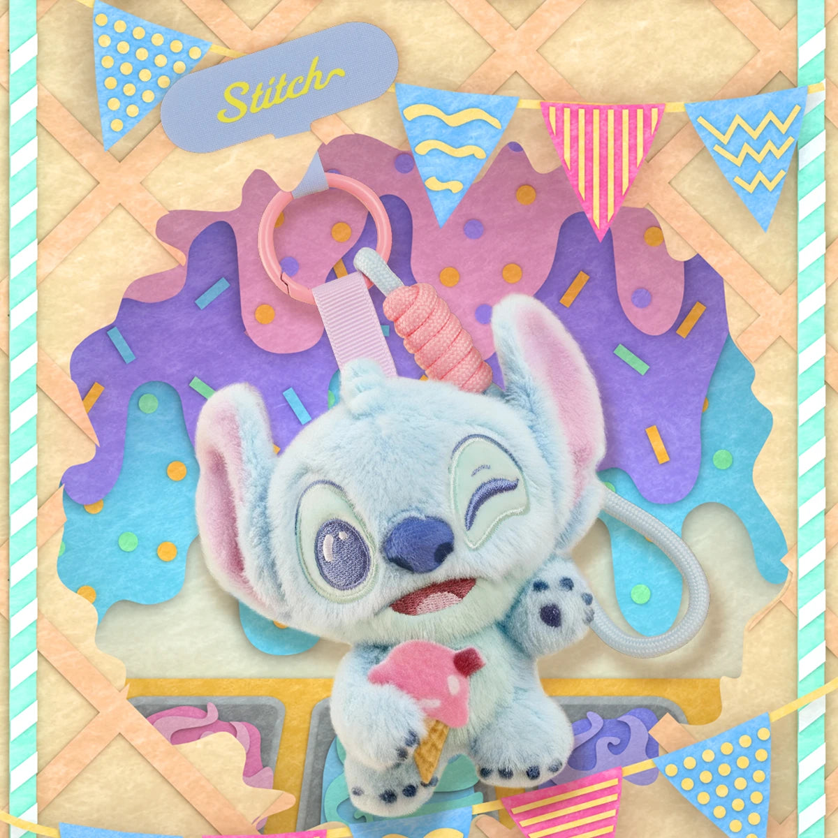 Winking Stitch plush phone strap holding pink shave ice on a colorful beach blanket