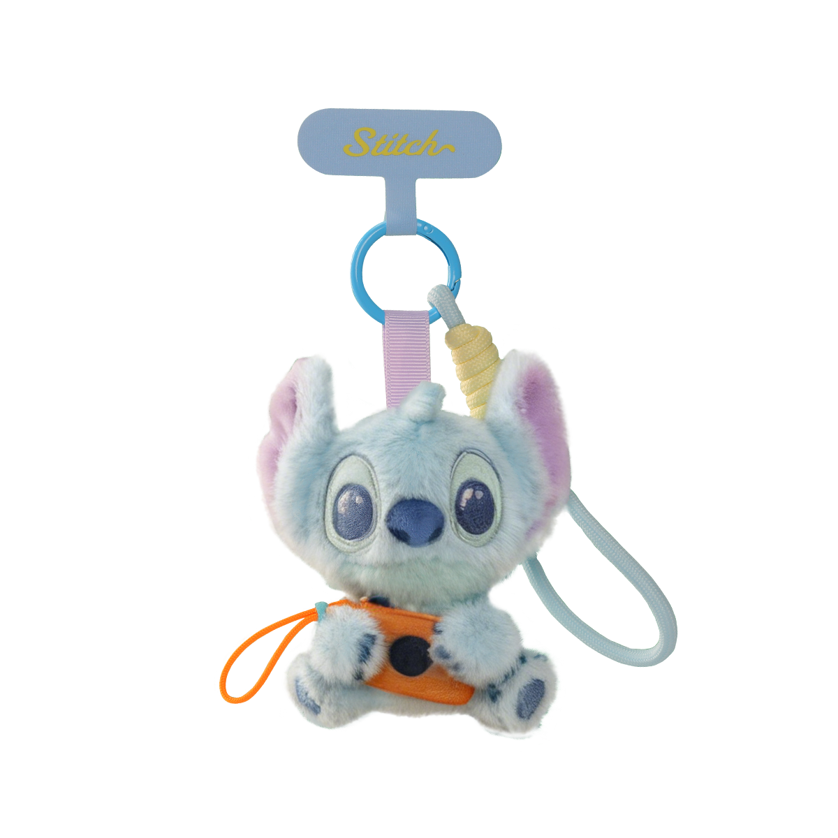 Stitch plush phone strap holding an orange camera shown on a black background