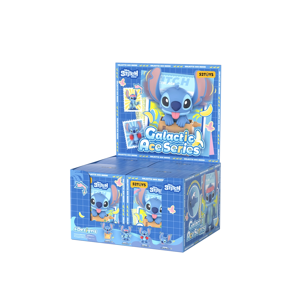 Stitch Galactic Ace full display case containing blue wind-up toy blind boxes