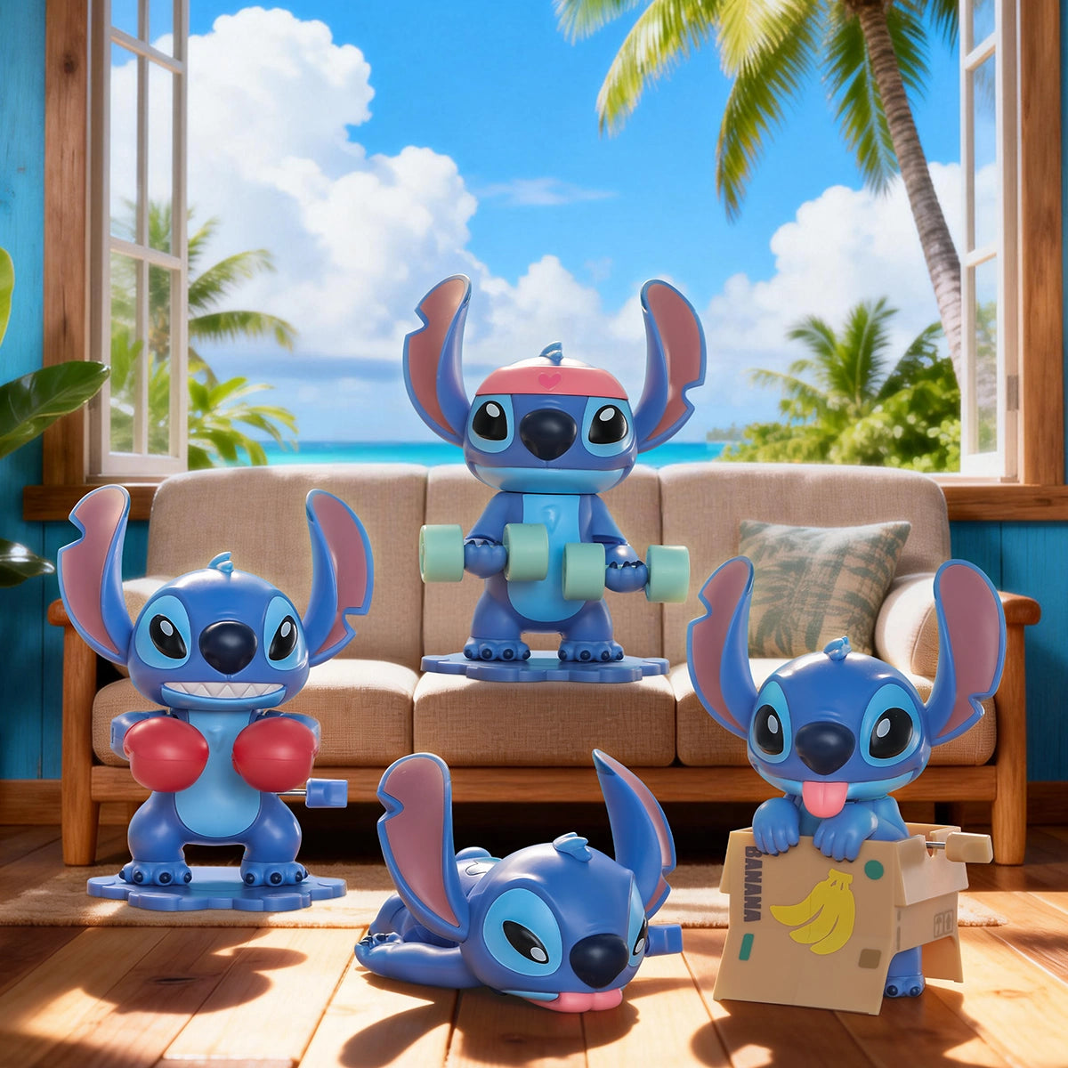 Four Stitch Galactic Ace wind-up toys exercising in a tropical living room