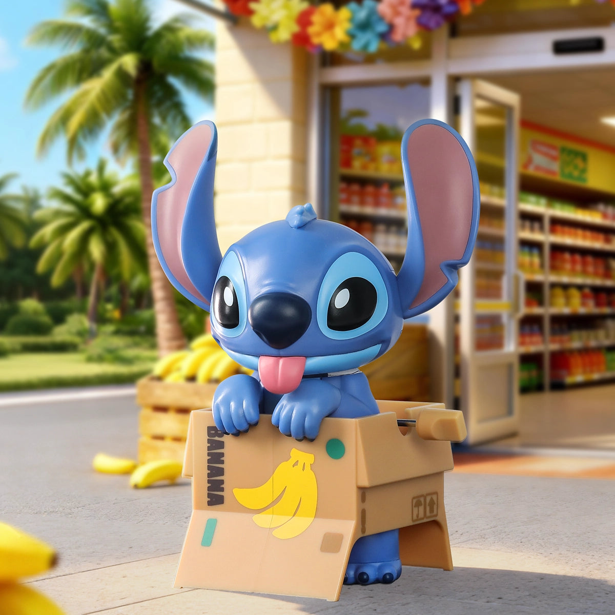 Stitch wind-up toy peeking from a banana box outside a tropical shop