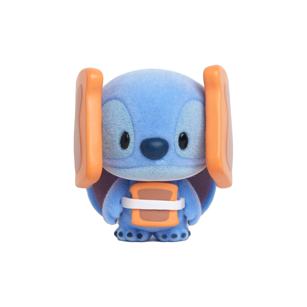 ステッチ ミニミー フィギュアはオーバーサイズのオレンジ色のヘッドホンと小さな胸袋を履いている