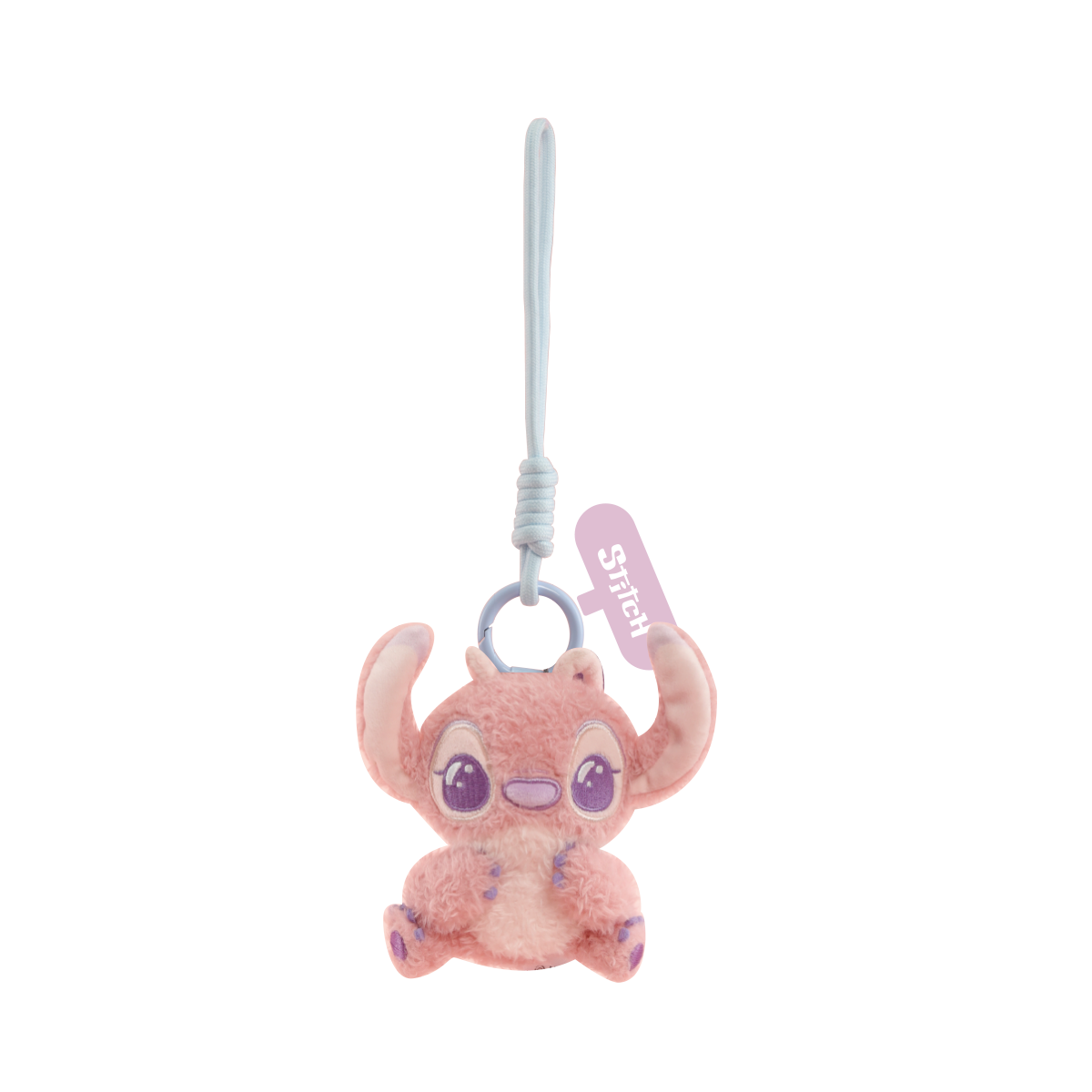 Pink Angel plush phone charm with large eyes shown on a black background