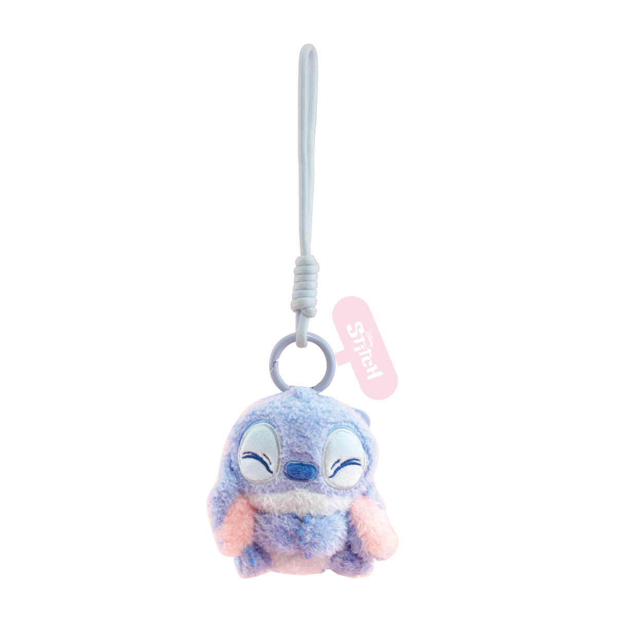 Smiling Stitch plush phone charm with closed eyes shown on a black background