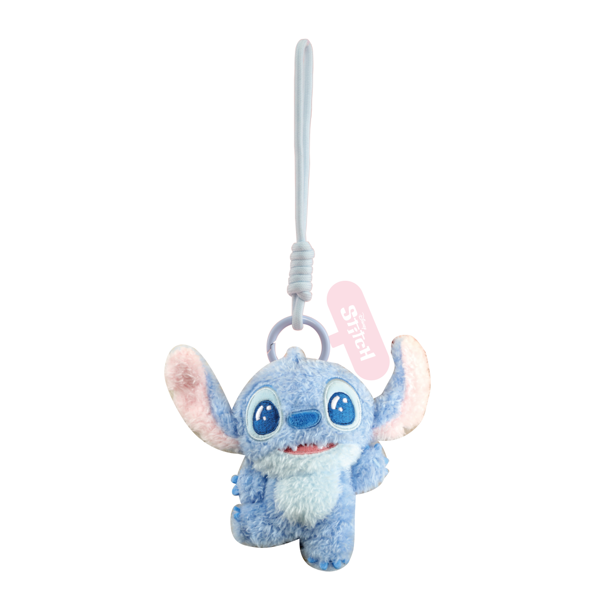 Excited Stitch plush phone charm with raised ears shown on a black background