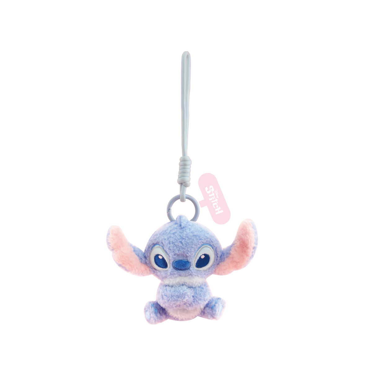 Relaxed Stitch plush phone charm with arms spread shown on a black background