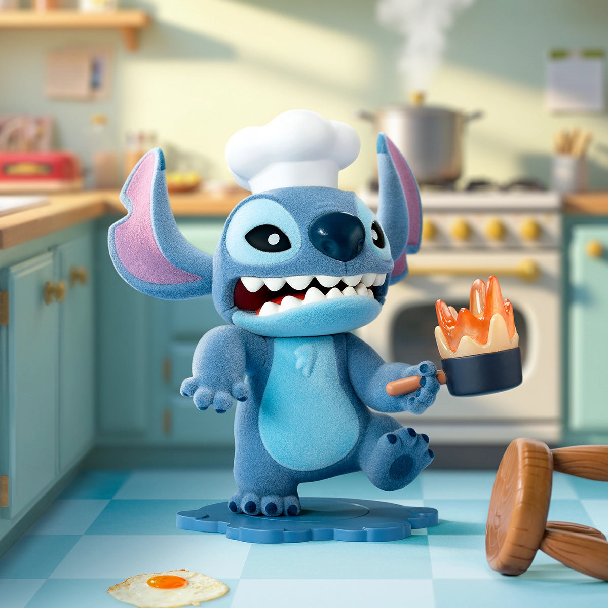 Chef Stitch running with a flaming pan across a messy kitchen