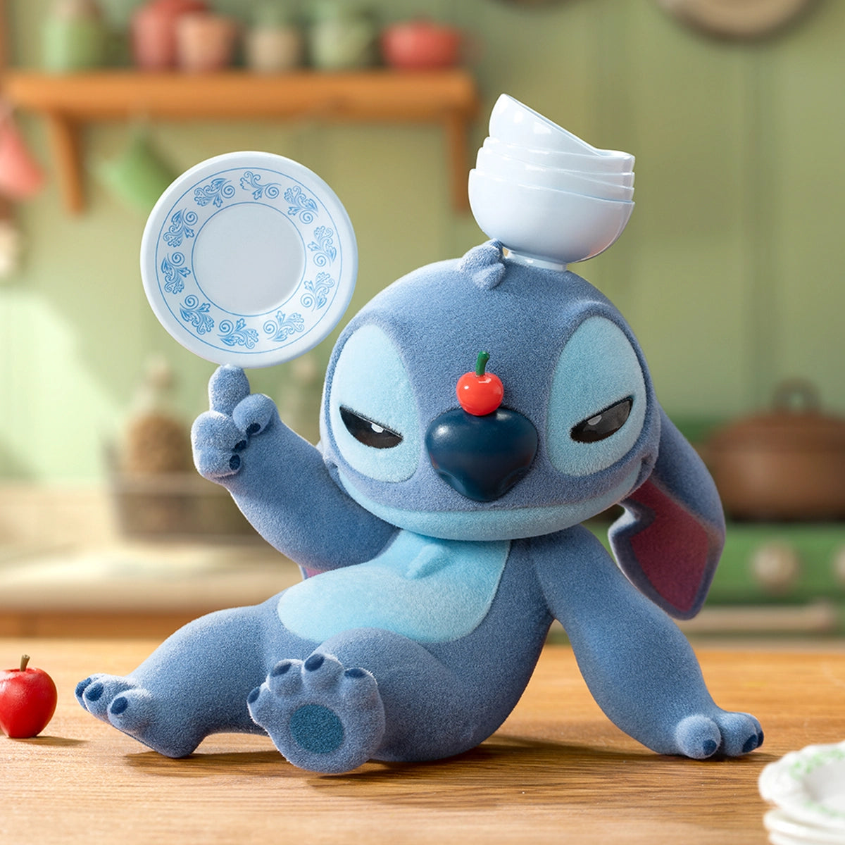 Stitch balancing stacked bowls on his head and holding a plate with a cherry on his nose