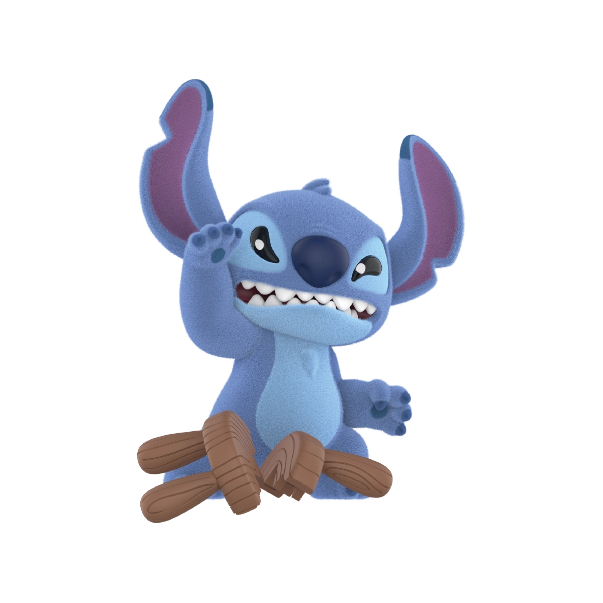Stitch figure saluting beside broken wooden pieces