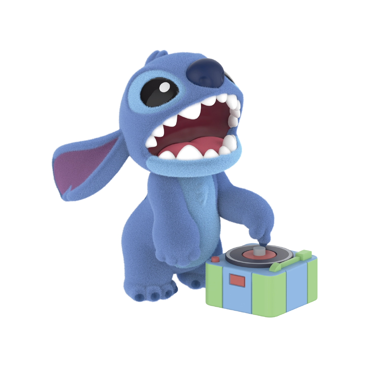 Stitch shouting beside a colorful record player