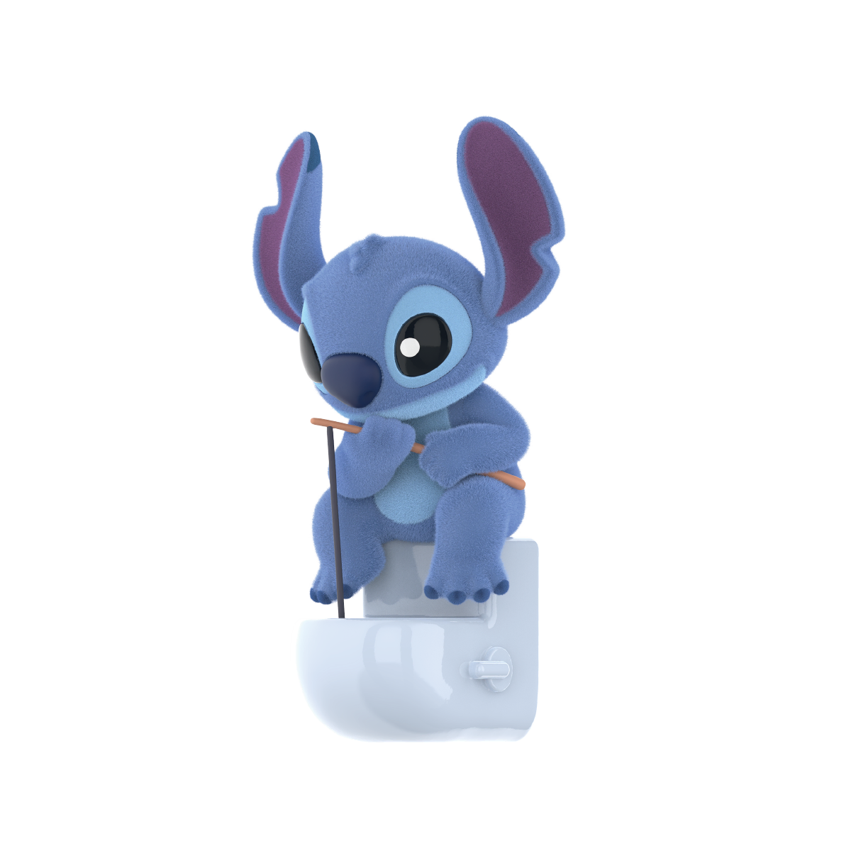 Stitch balancing over a toilet bowl with a thin stick