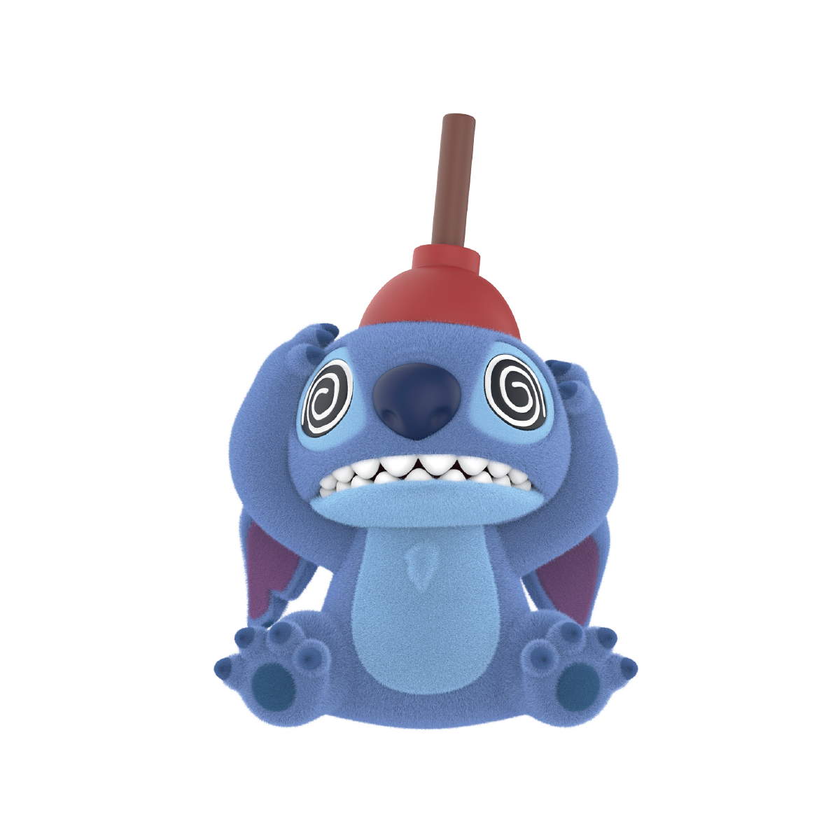 Dizzy Stitch figure wearing a red toilet plunger on his head