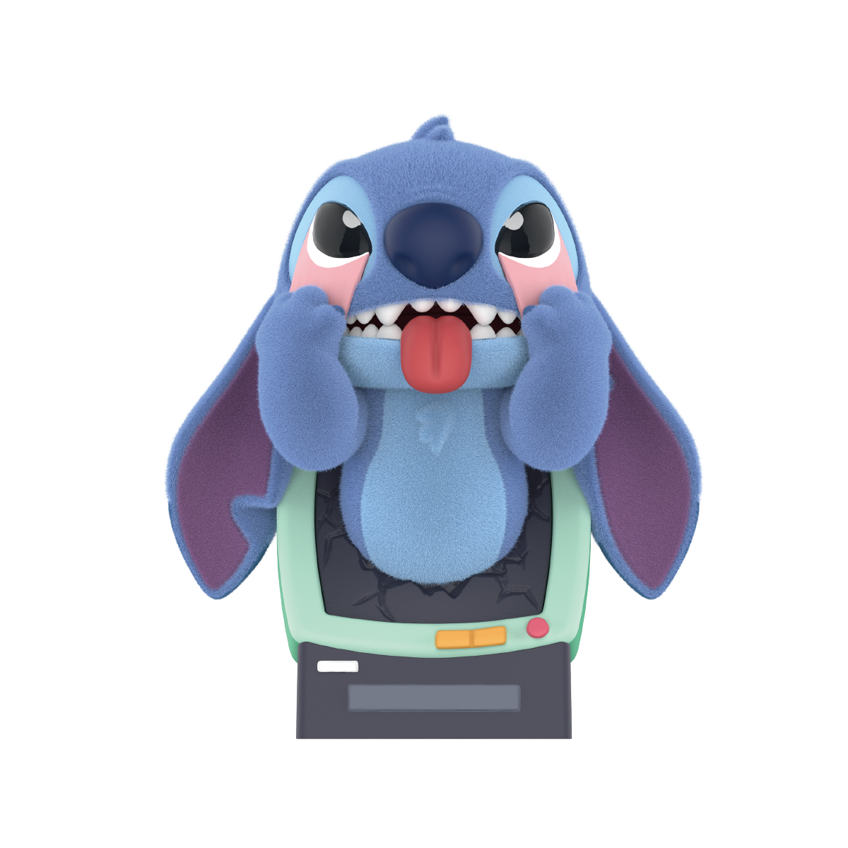 Stitch pulling down his eyelids while climbing from a green computer monitor on a black background