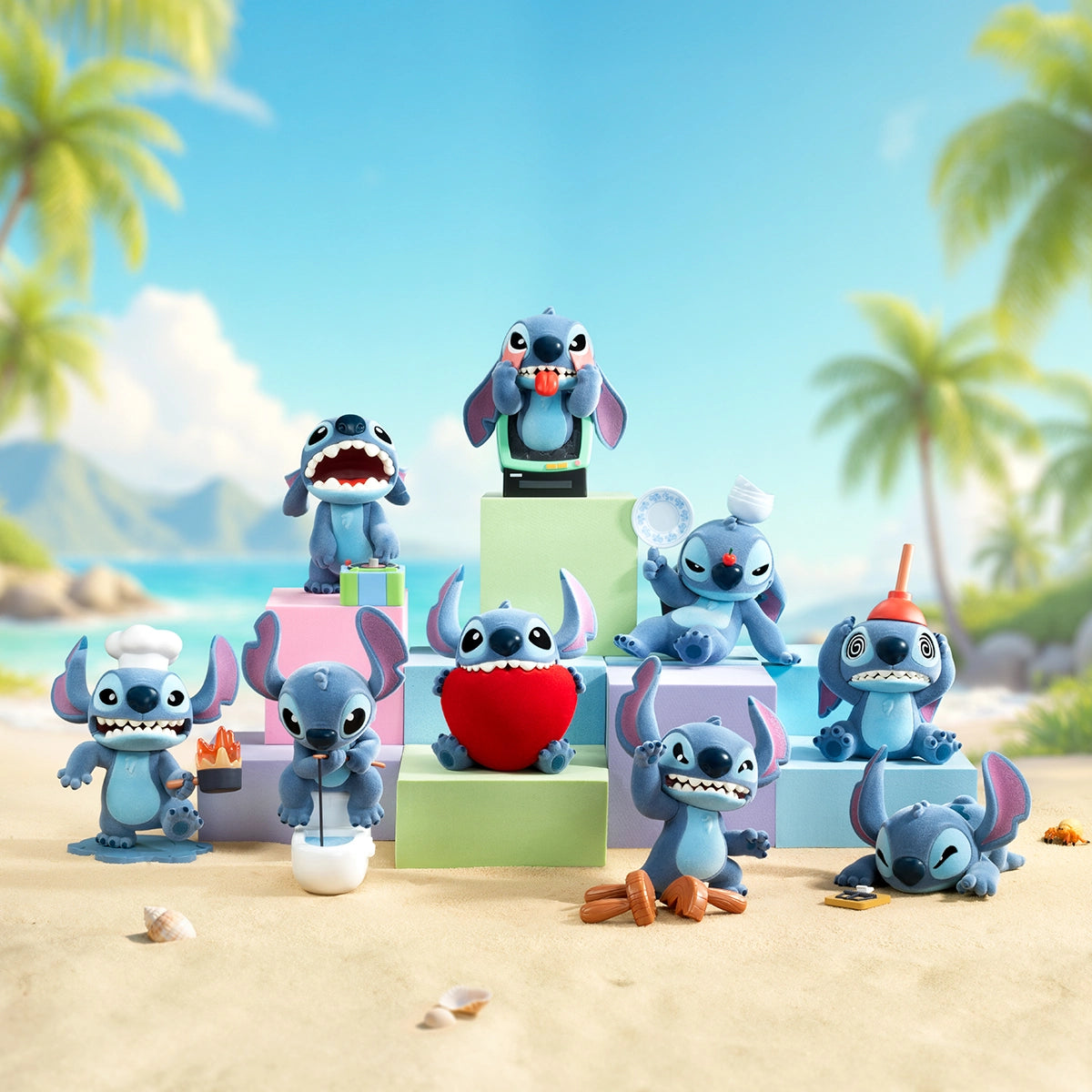 Nine Stitch Super Trouble Maker figures arranged on colorful blocks at a tropical beach