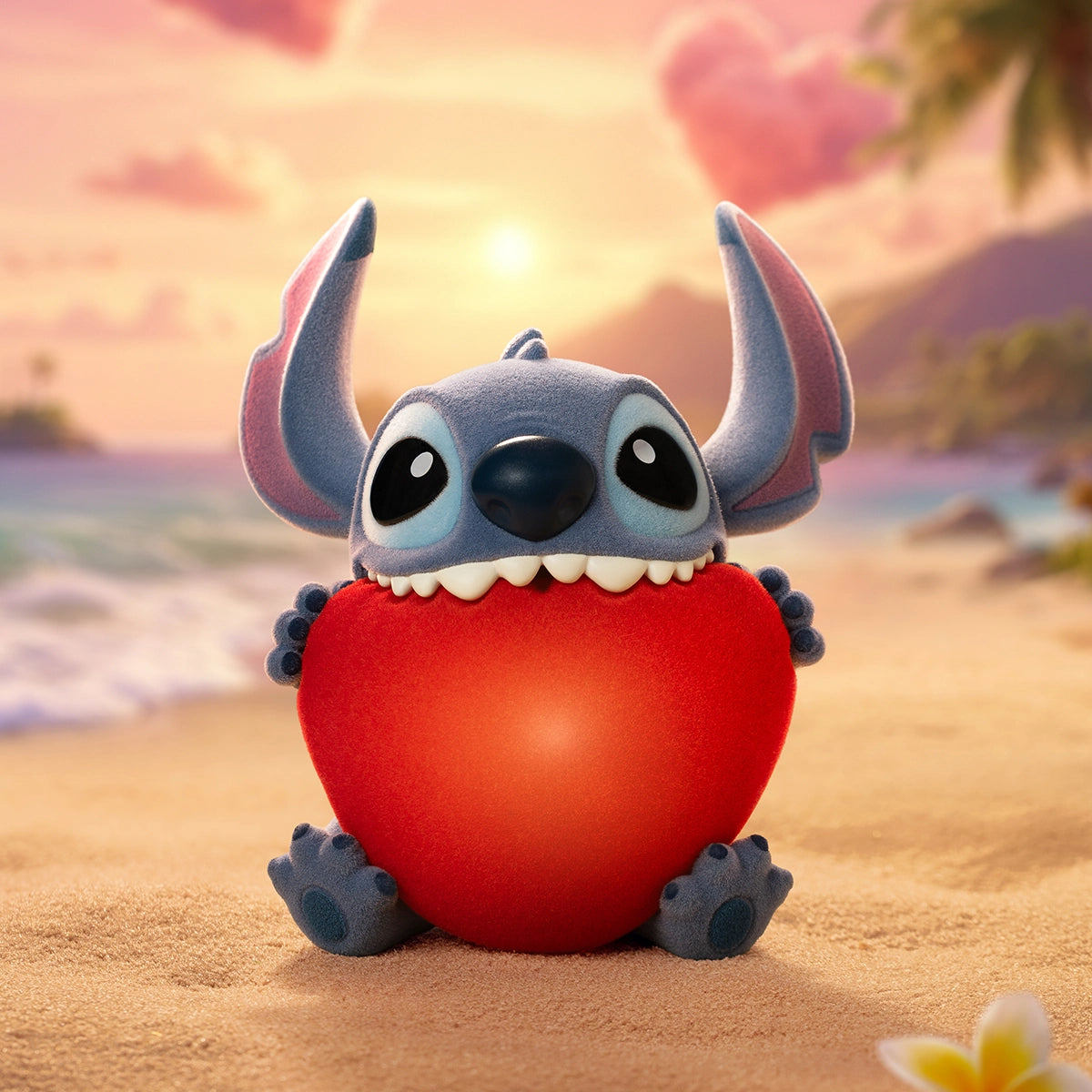 Stitch figure seated on a beach while hugging an oversized red ball