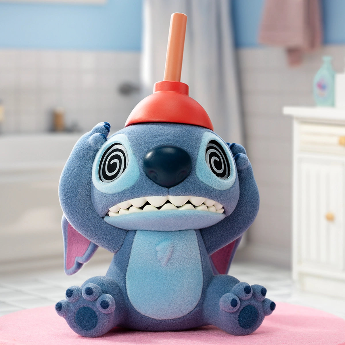 Dizzy Stitch figure wearing a red toilet plunger on his head in a bathroom