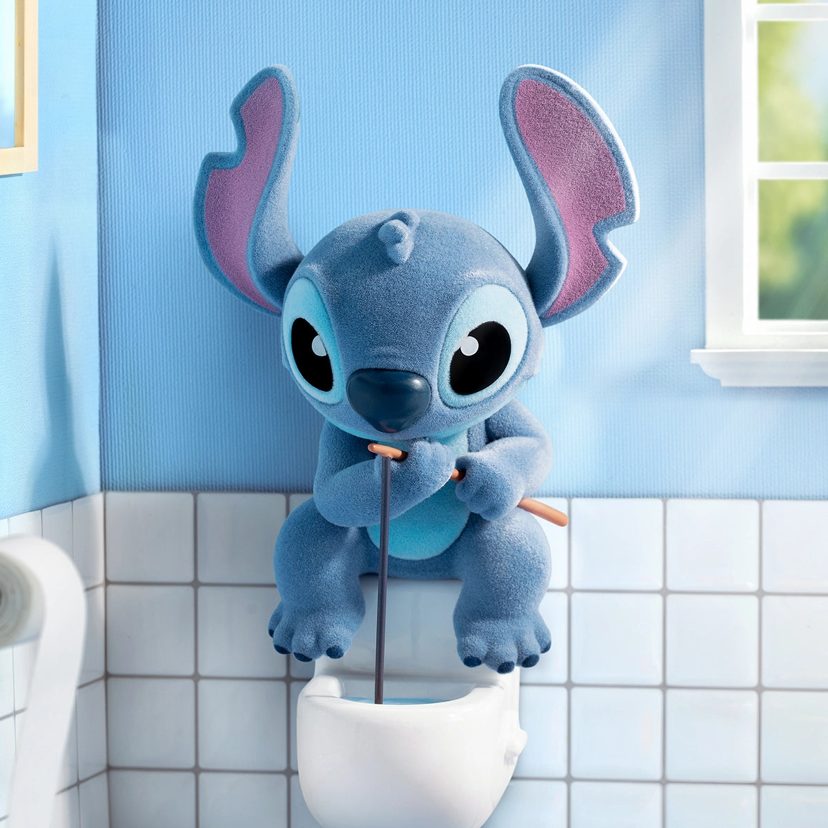 Stitch balancing over a toilet bowl while holding a thin stick