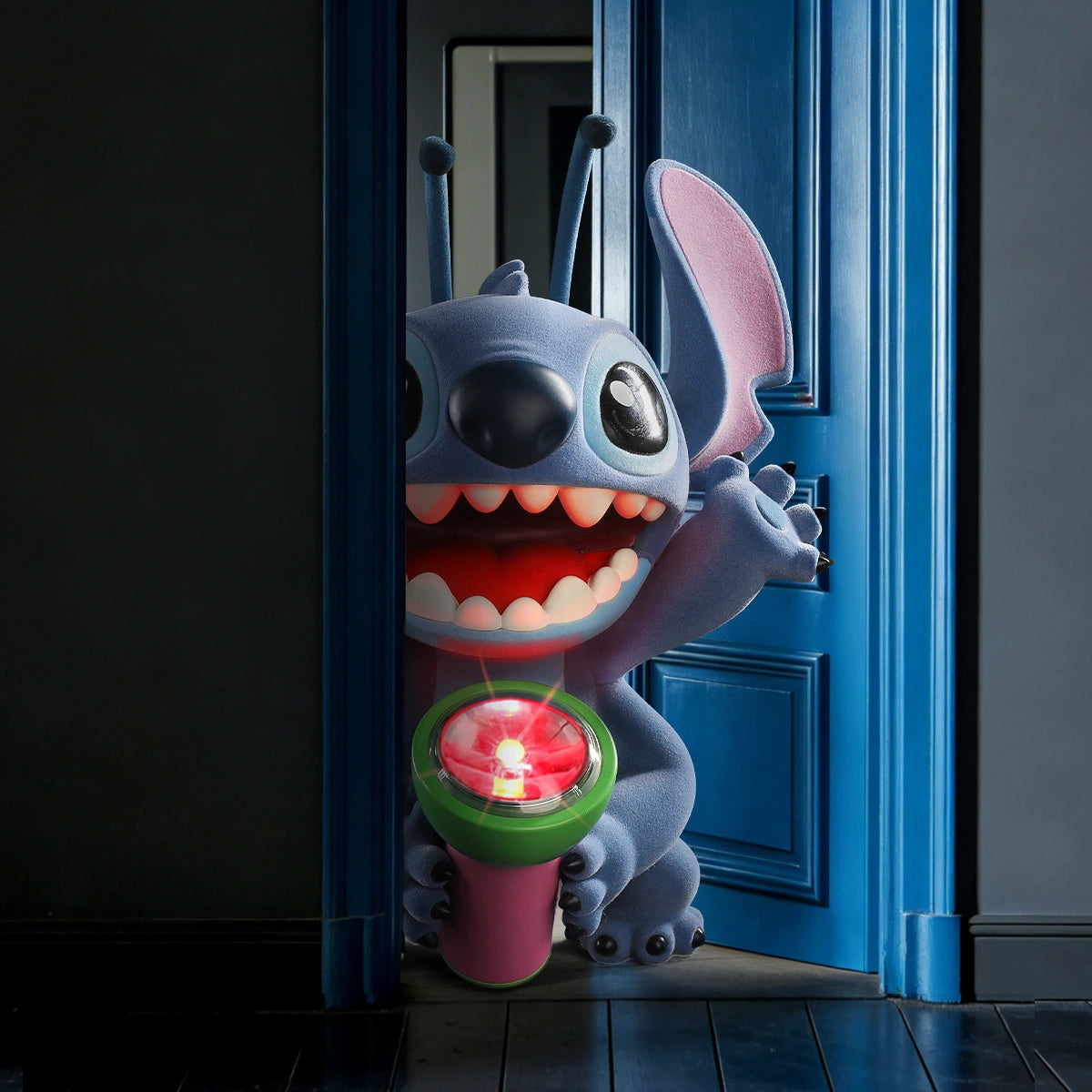 Stitch Flashlight Fright figure peeking around a blue door with the flashlight glowing red