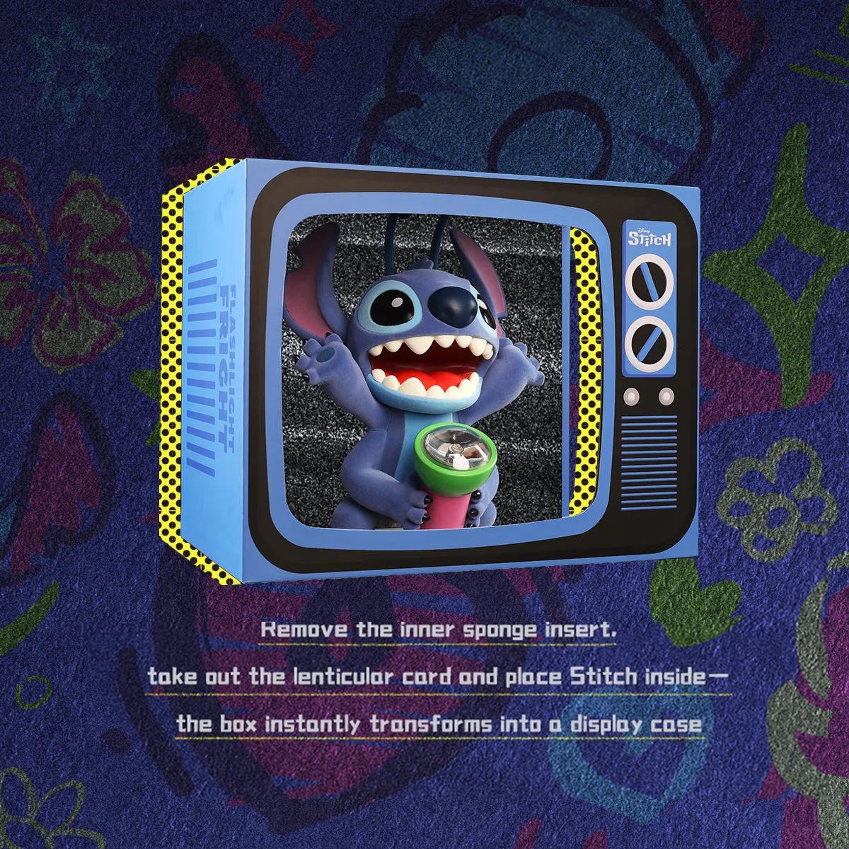 Flashlight Fright package converted into a retro television display case for the Stitch figure