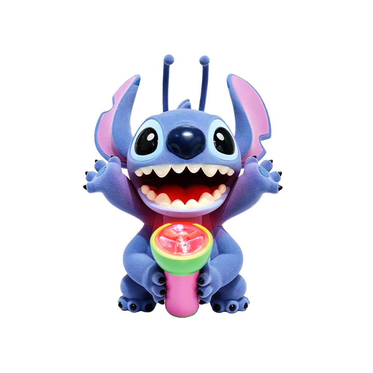 Stitch Super Trouble Maker Flashlight Fright figure grinning while holding a lit toy flashlight