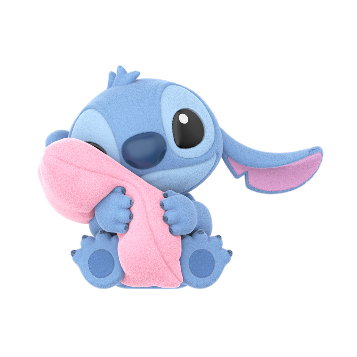 Stitch hugging a large pink heart cushion shown on a black background