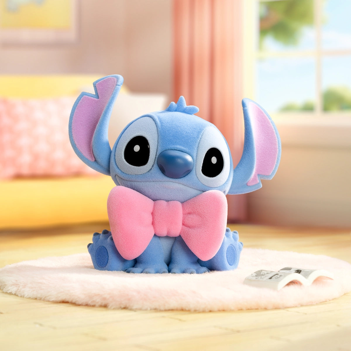 Stitch seated with an oversized pink bow tie in a cozy room
