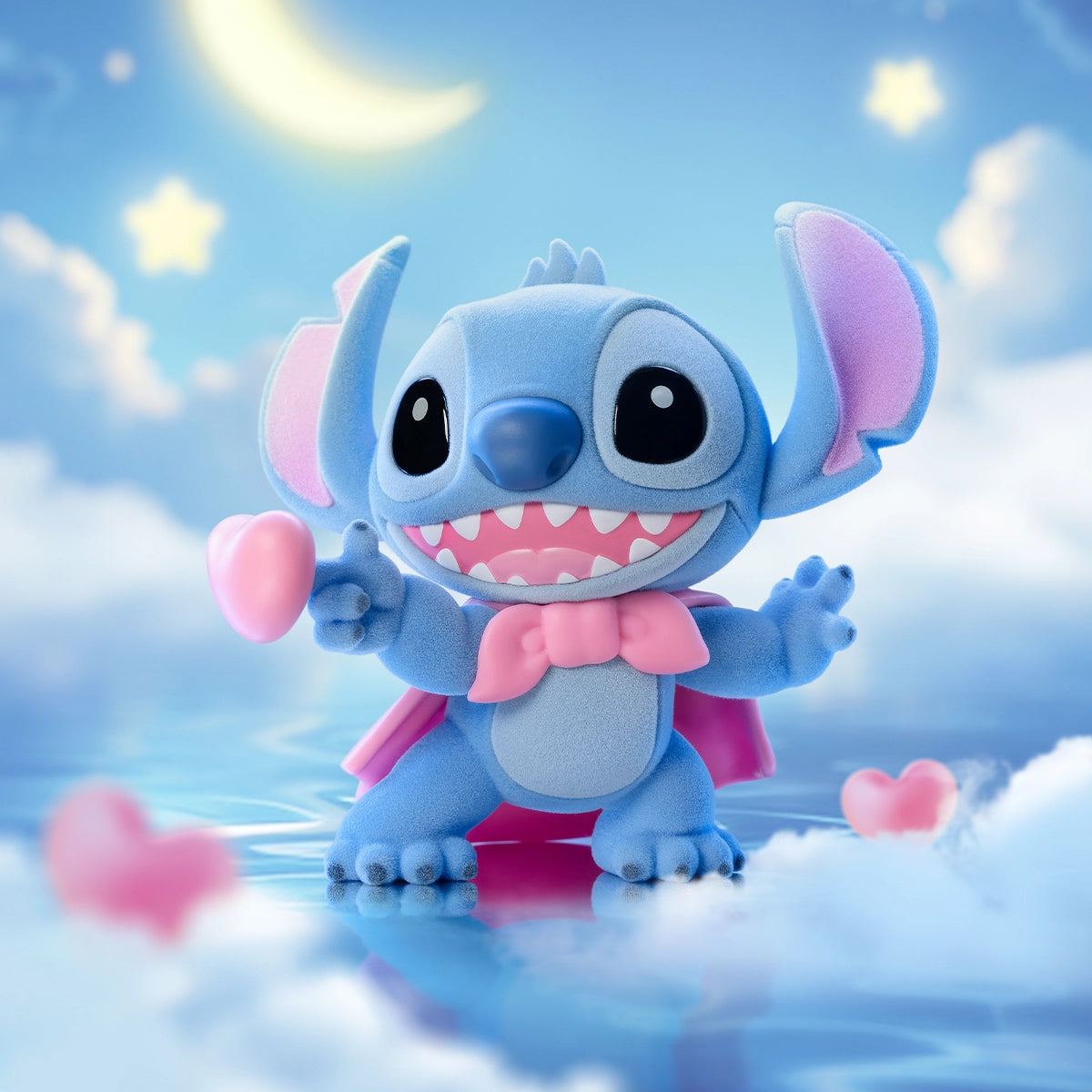Stitch dressed as Cupid with a heart lollipop, bow tie, and pink cape