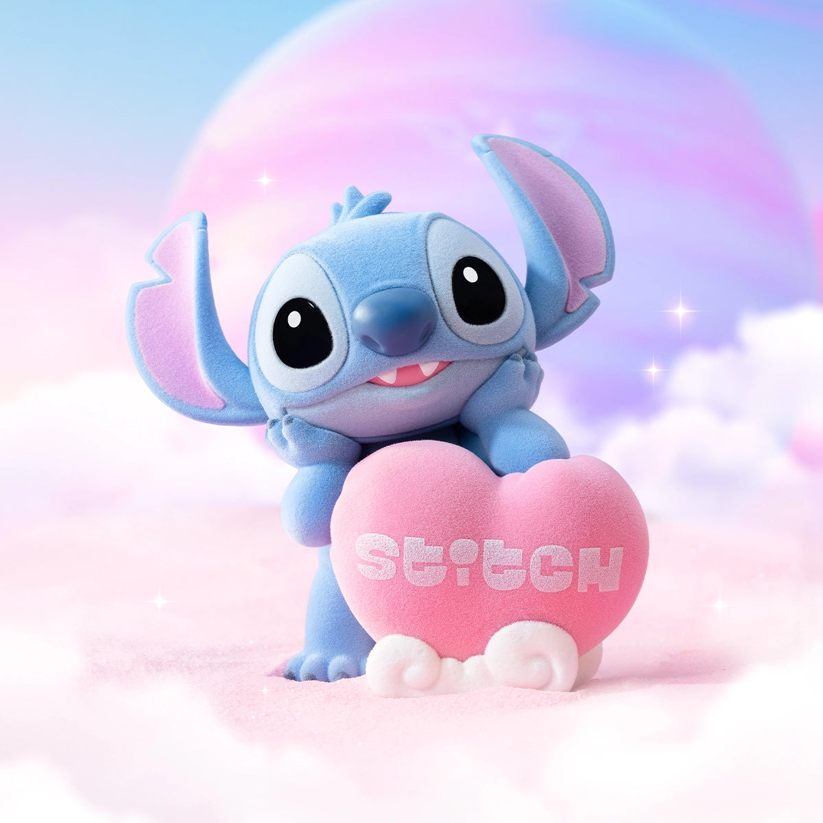 Stitch leaning on a pink heart sign printed with the Stitch name
