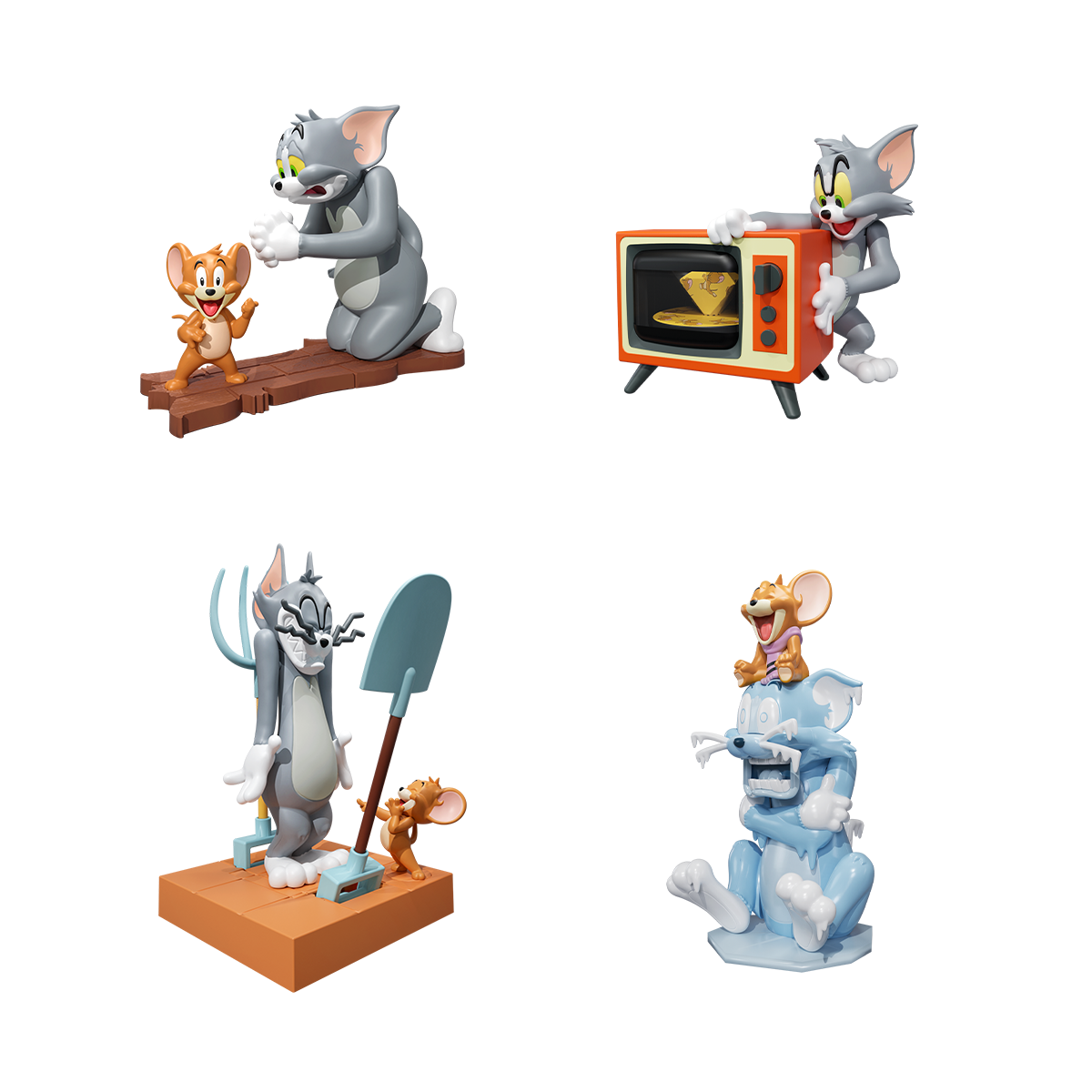 Four Tom and Jerry Inseparable Chaos wind-up figures, including TV, shovel and frozen-ice scenes, blind box