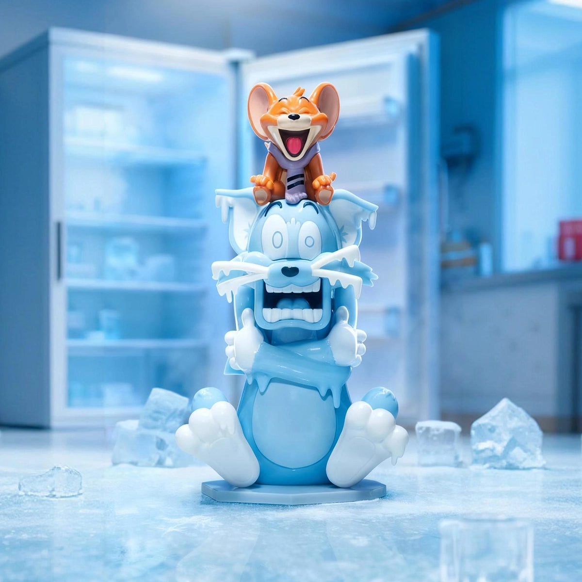 Frozen Fiasco, Tom as a blue ice sculpture with scarfed Jerry on his head, Tom and Jerry Inseparable Chaos