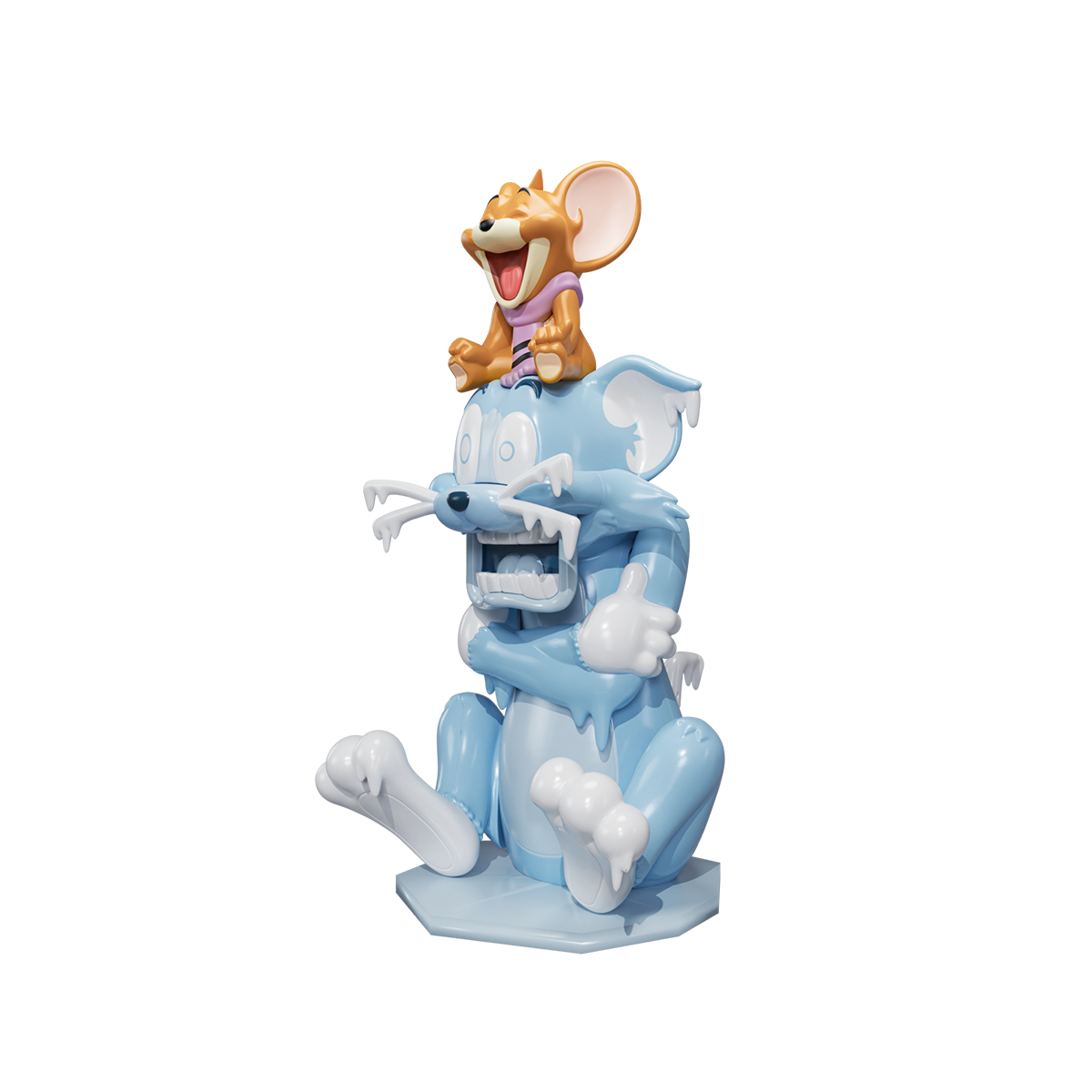 Frozen Fiasco, snarling Tom frozen in pale-blue ice with scarf-wearing Jerry laughing on top, Tom and Jerry