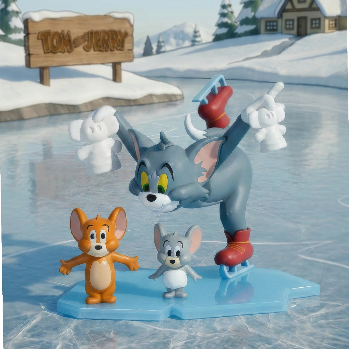 Tom, Jerry, and Tuffy sliding together across an icy pond