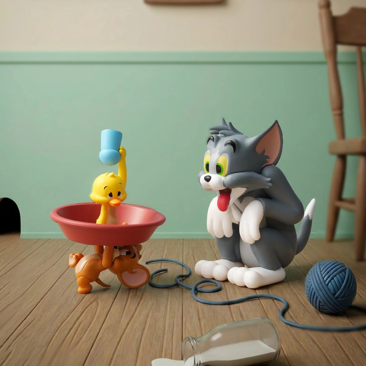 Tom, Jerry, Tuffy, and Quacker untangling yarn around a red basin