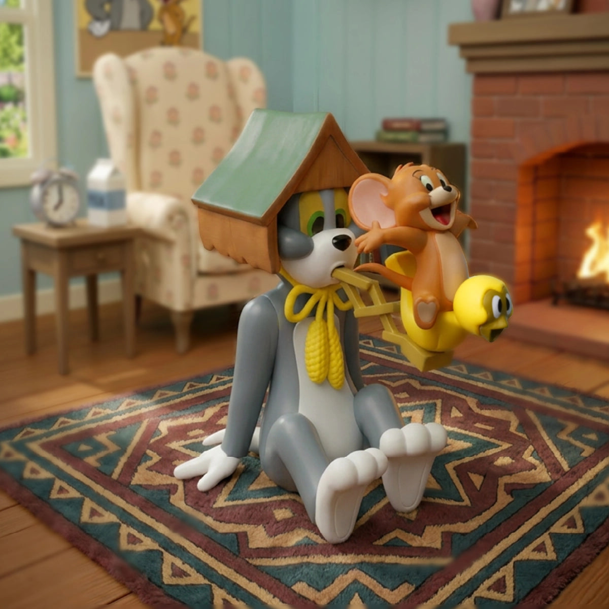 Tom dressed as a dog while Jerry and Quacker perch on his shoulders