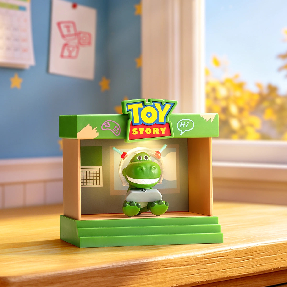 Rex holding a video-game controller inside a green gaming stage frame