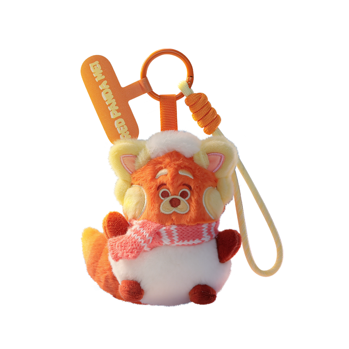 Red Panda Mei plush phone charm in a white winter costume shown on black
