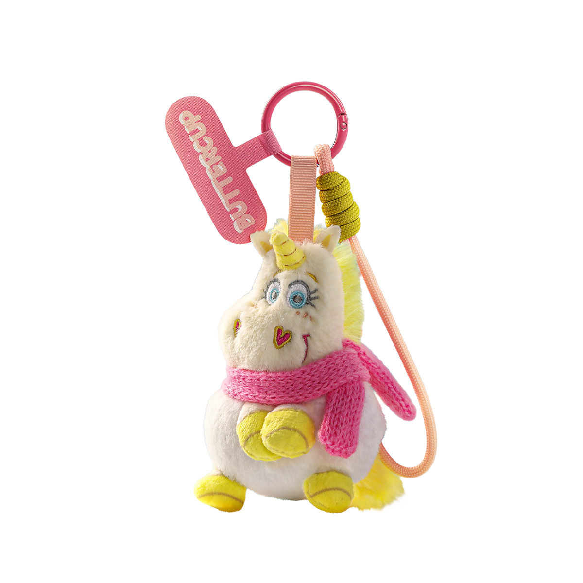 Chicken Little winter plush phone charm with pink scarf shown on black