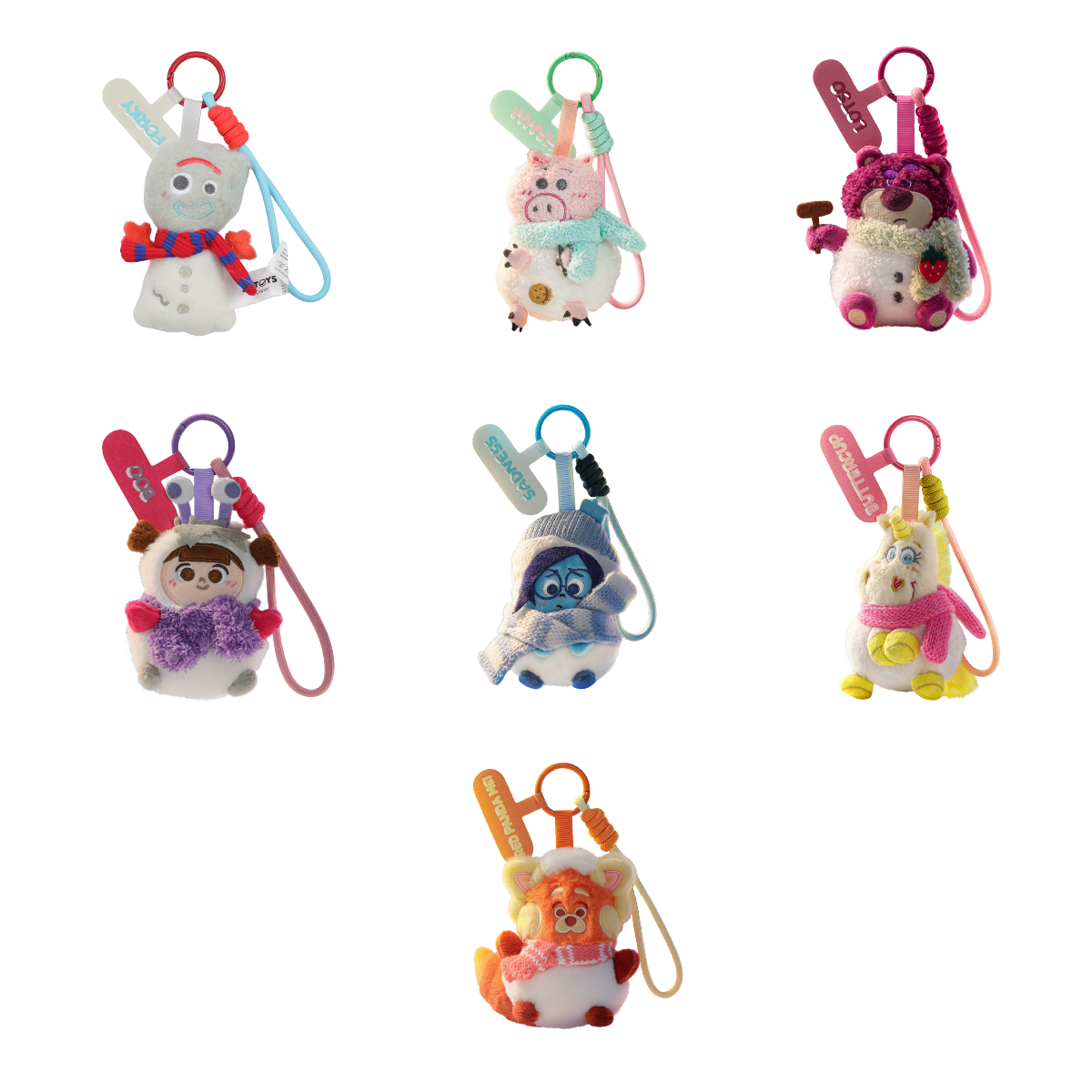 Complete lineup of seven Disney and Pixar Winter Snow Globe plush phone charms