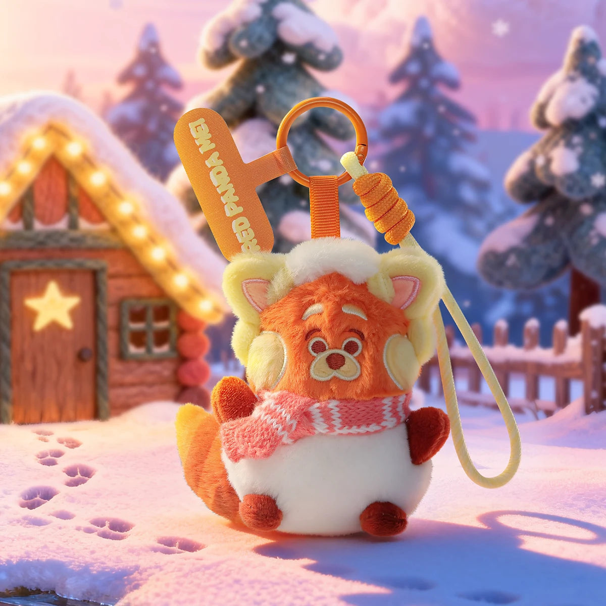 Red Panda Mei plush phone charm wearing a white hood and scarf in a snowy village
