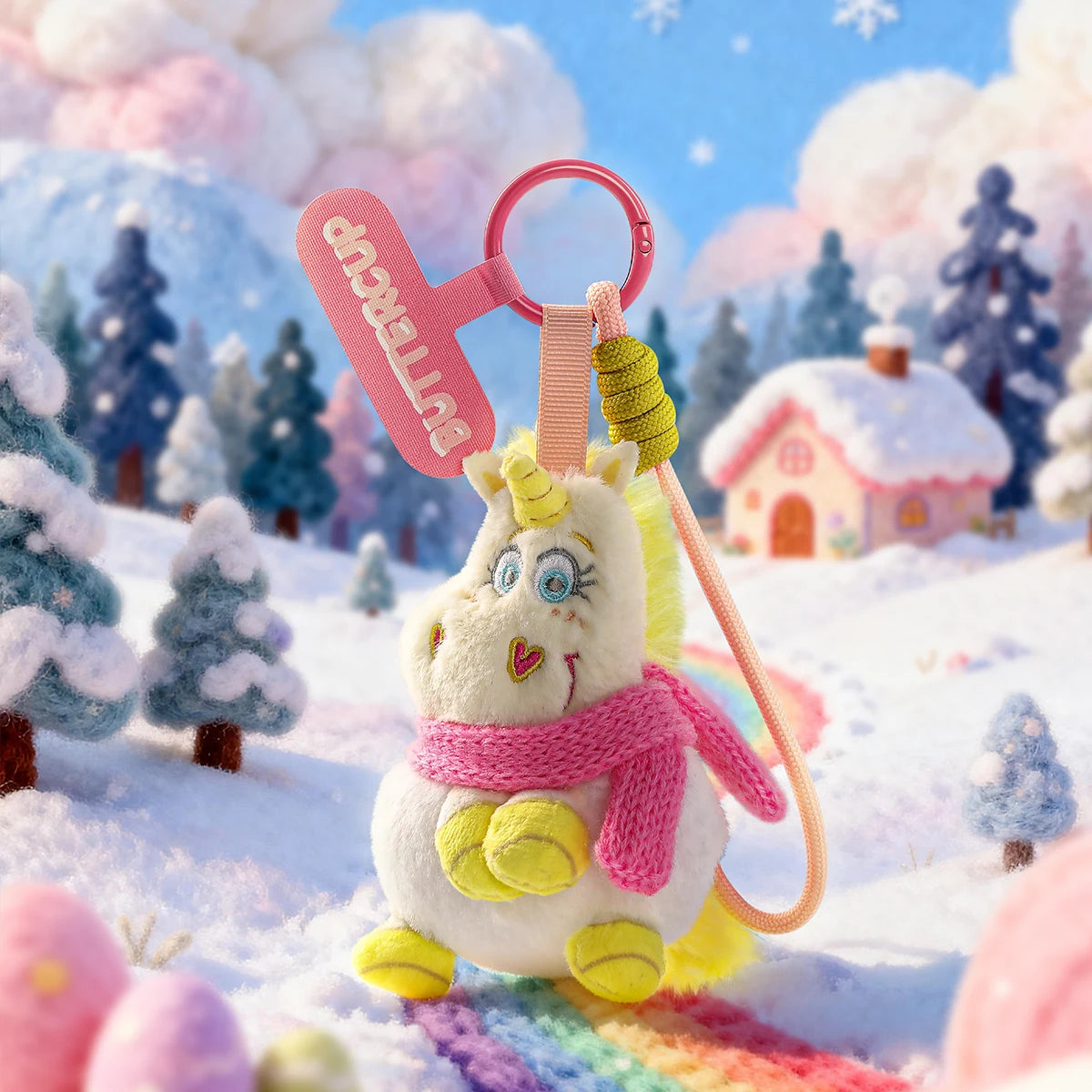 Chicken Little plush phone charm in a winter costume with pink scarf and earmuffs