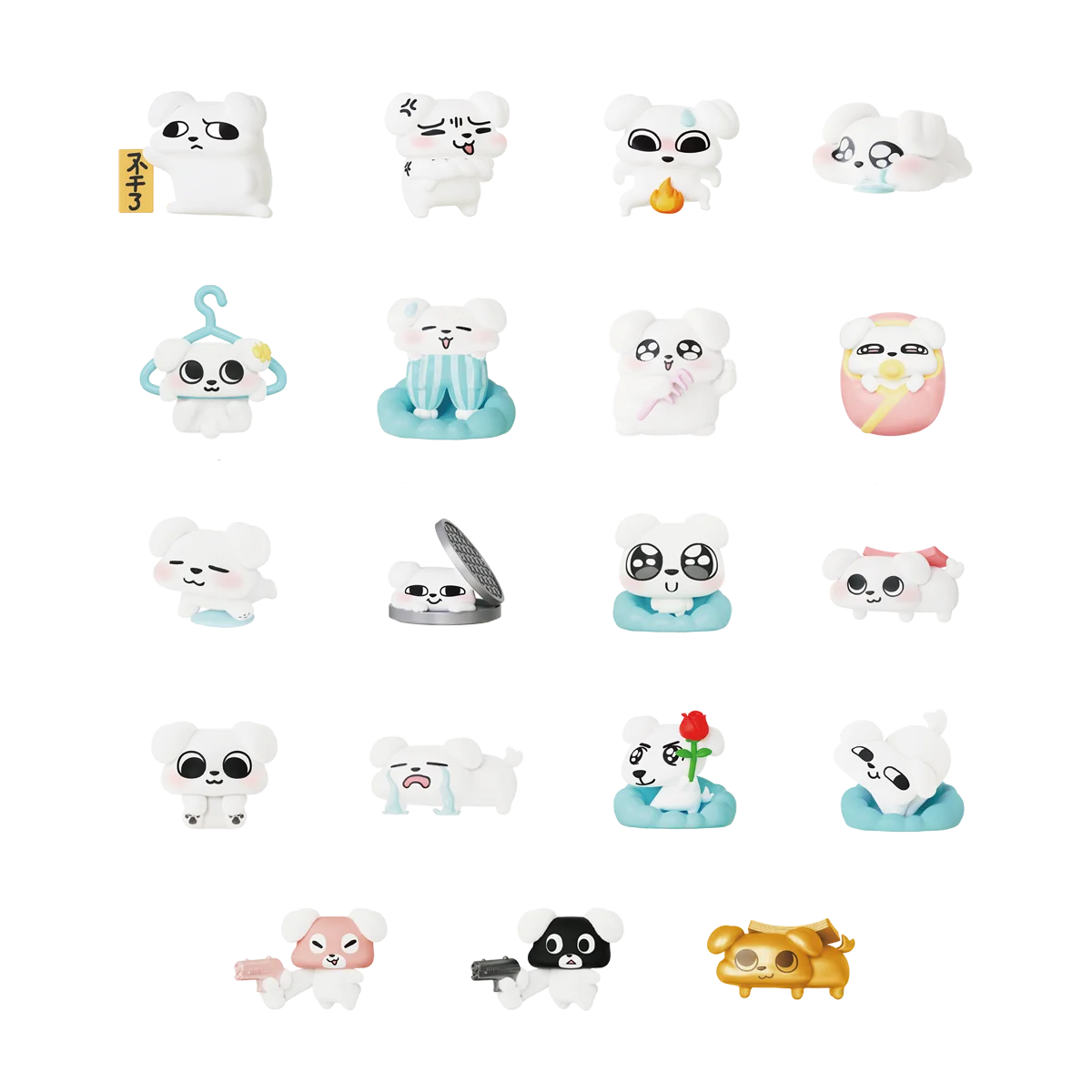 Full lineup of eighteen plus secret white Zoggy dog figures in everyday moods, So Cute blind box
