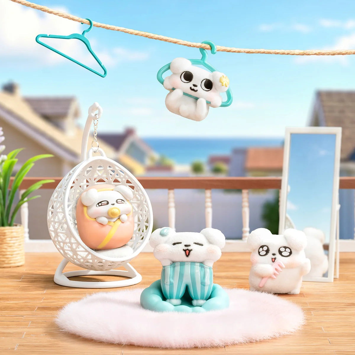 Zoggy dog figures on a balcony including Hang Pup on a hanger and Long Johns in pajamas, So Cute