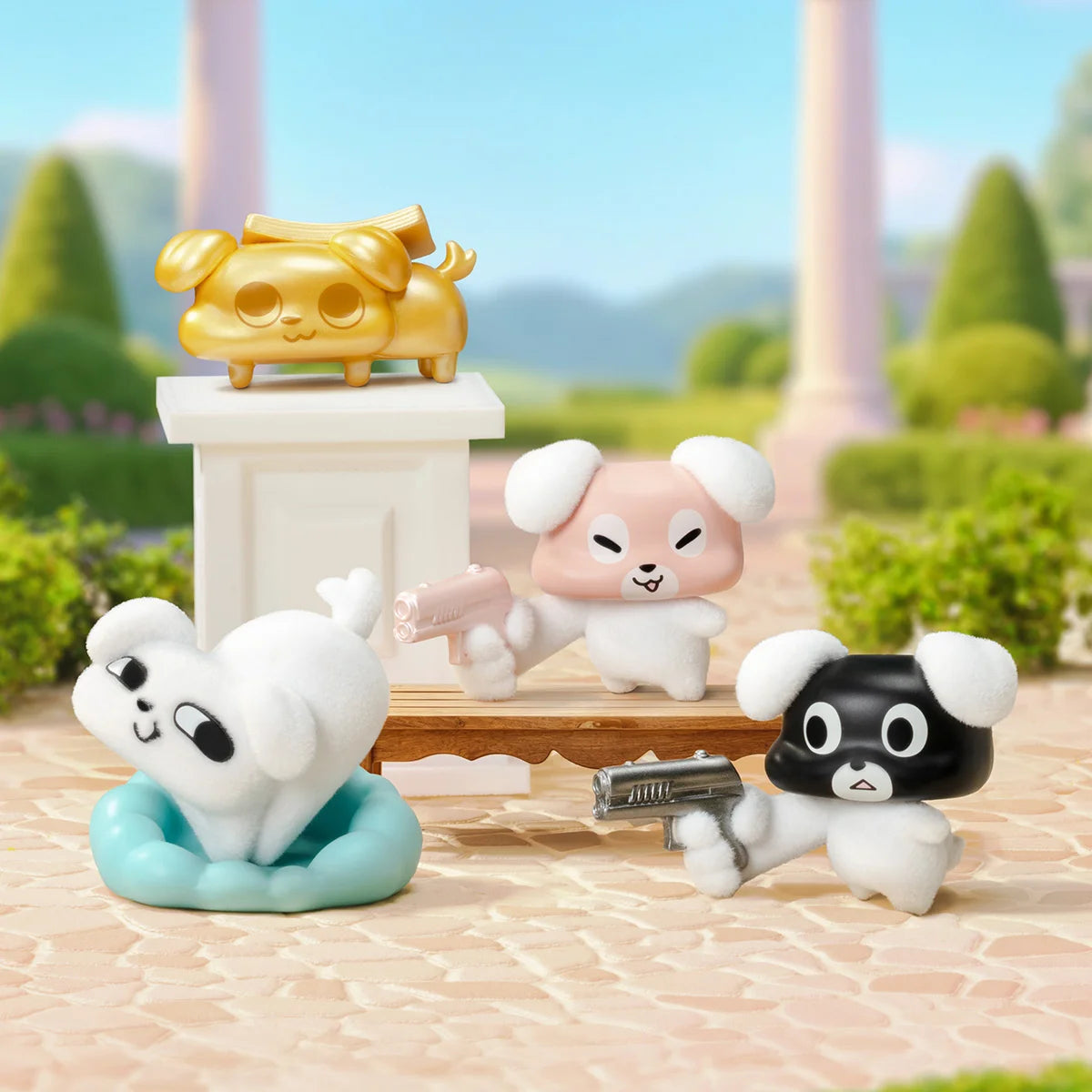 Zoggy dog figures in a garden with the golden secret on a pedestal, So Cute blind box