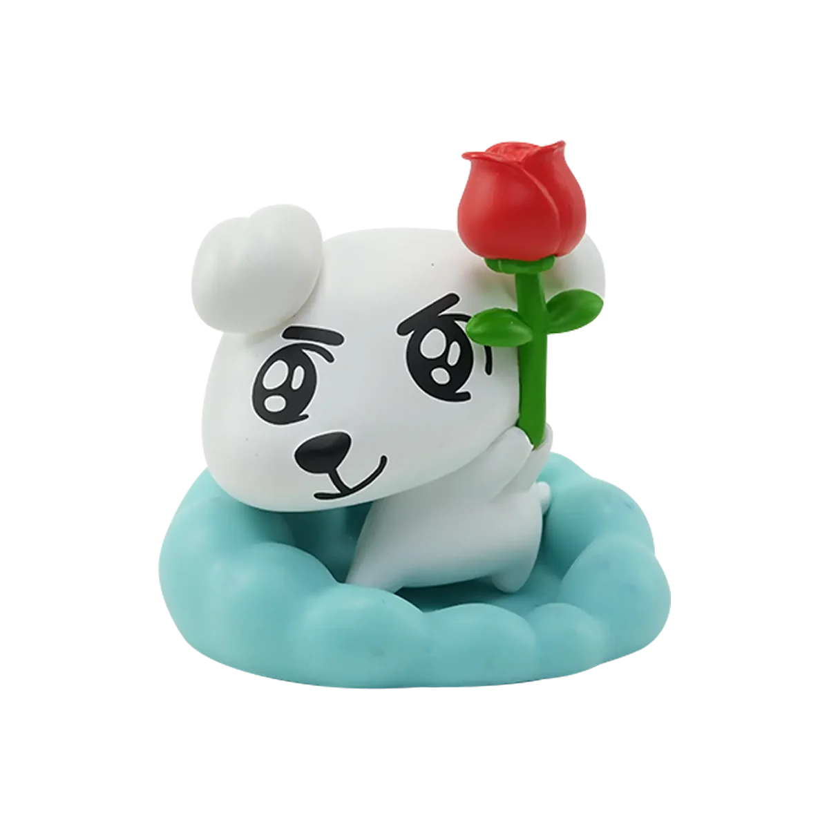 Rose For You white Zoggy dog figure holding a red rose in a blue cushion, Zoggy So Cute by 52TOYS