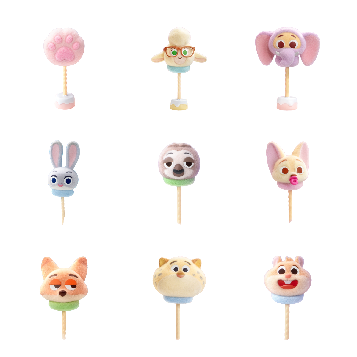Complete Zootopia Marshmallow lineup of eight character lollipops plus secret paw design