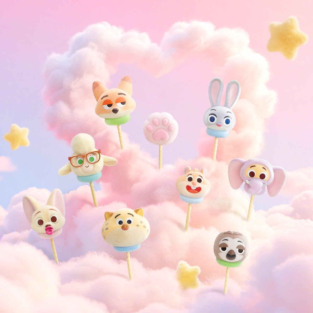 Nine Zootopia character marshmallow lollipops floating among pink cotton-candy clouds