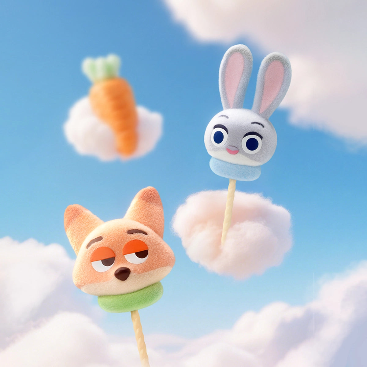 Nick Wilde and Judy Hopps marshmallow lollipops floating beside a cloud carrot