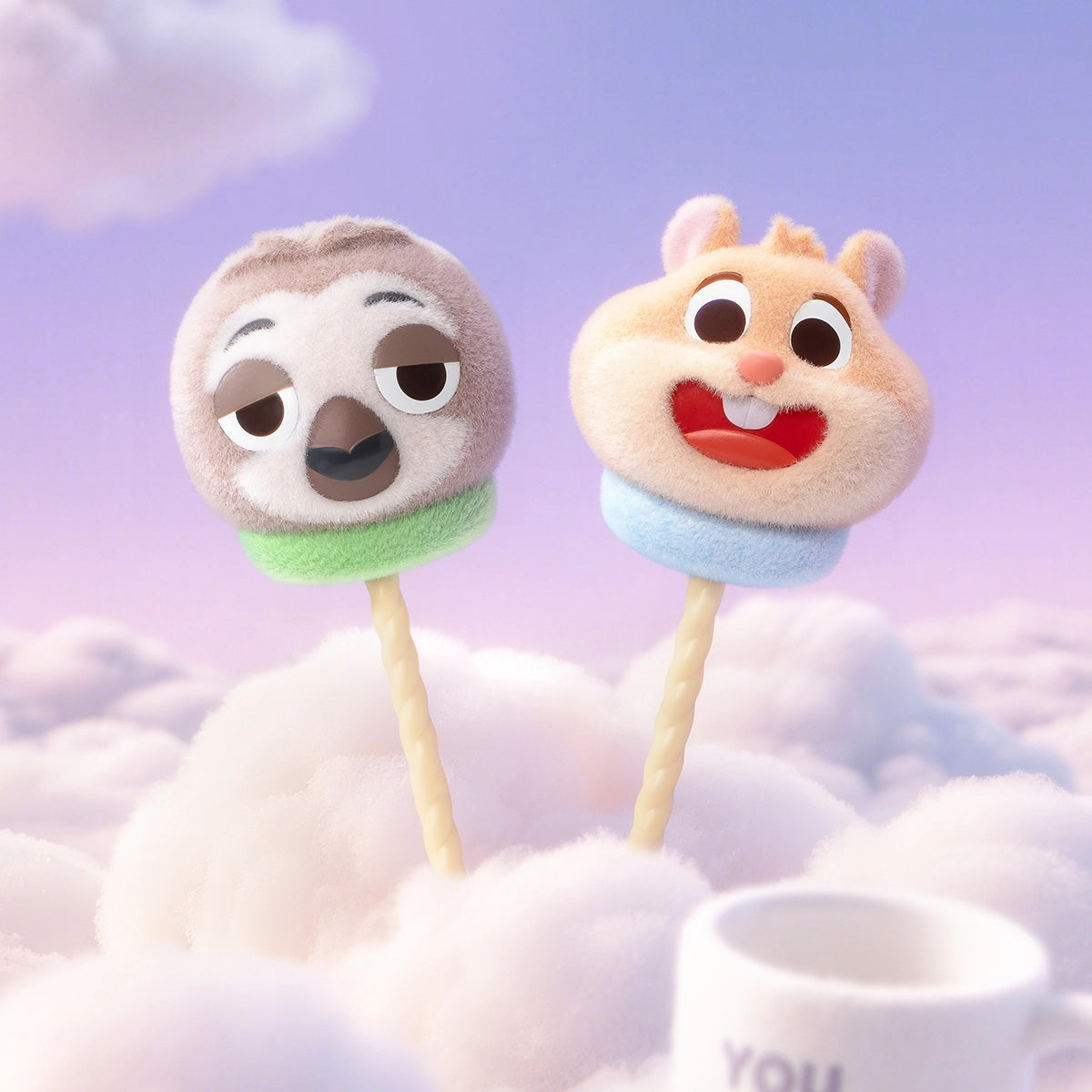 Flash and Duke Weaselton marshmallow lollipops rising from lavender clouds